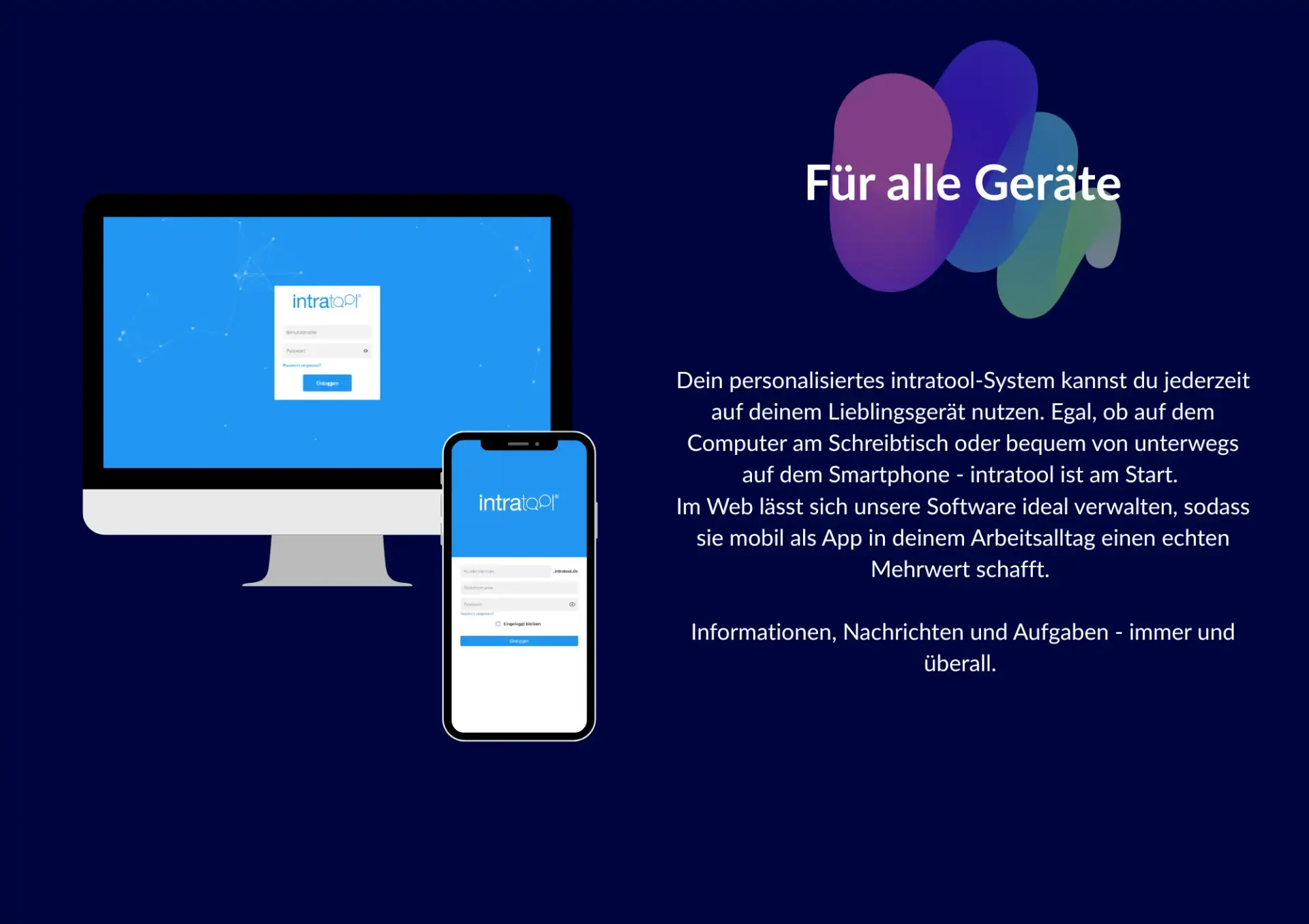 Intratool läuft da, wo du läufst. Ein System, alle Geräte, null Ausreden